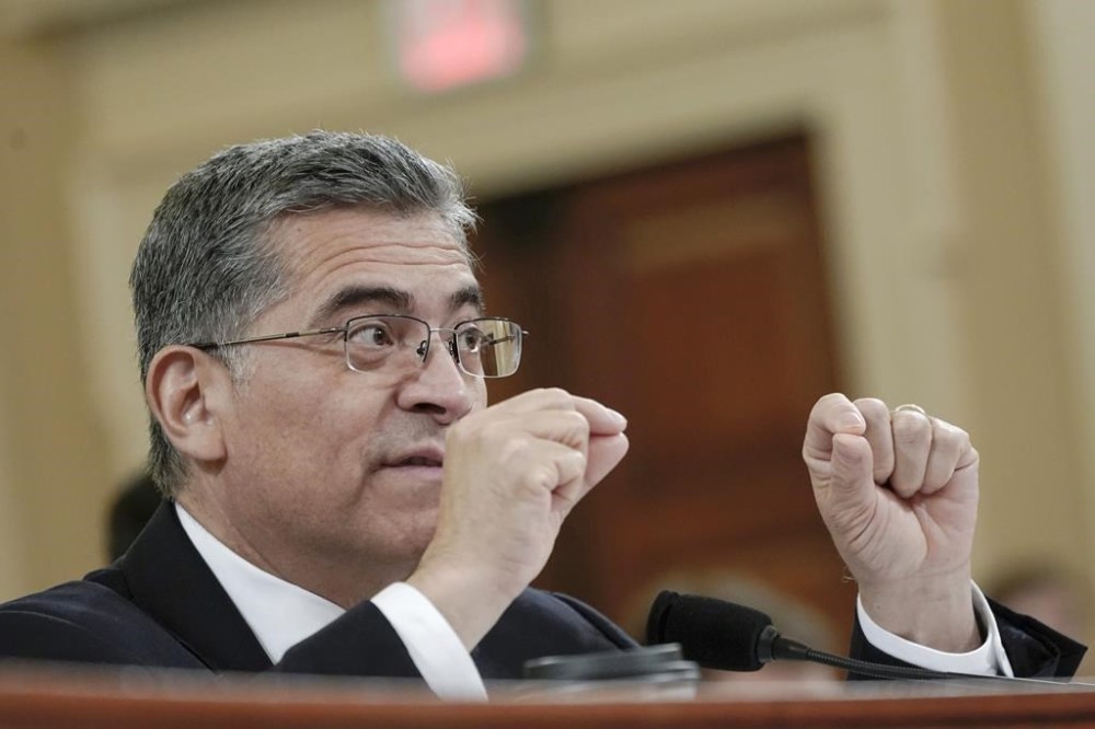 FILE - Health and Human Services Secretary Xavier Becerra testifies during the House Committee hearing on Ways and Means hearing on March 28, 2023, on Capitol Hill in Washington. Criticizing a judge's order barring abortion pills, Becerra on Sunday, April 9, blasted the decision as “not America