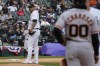 Chicago White Sox relief pitcher Jose Ruiz reacts during the ninth inning of the White Sox season home opening baseball game against the San Francisco Giants in Chicago, Monday, April 3, 2023. (AP Photo/Nam Y. Huh)