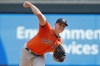 Houston Astros starting pitcher Hunter Brown throws to the Minnesota Twins in the first inning of a baseball game Sunday, April 9, 2023, in Minneapolis. (AP Photo/Bruce Kluckhohn)