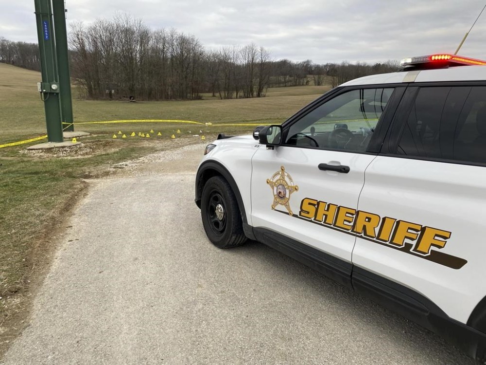 This photo provided by Indiana State Police shows the scene of a fatal shooting in Mitchell, Ind., Feb. 5, 2023. A prosecutor has cleared two Indiana law enforcement officers of any criminal wrongdoing in a fatal shooting in February. City of Mitchell Police Officer Christian Anderson and Lawrence County Sheriff's Deputy Joshua Rhoades exchanged gunfire with Anthony Richmond during a traffic stop on Feb. 5 in the city of Mitchell. (Indiana State Police via AP)