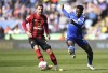 Bournemouth's Joe Rothwell, left and Leicester City's Wilfred Ndidi battle for the ball, during the English Premier League soccer match between Leicester City and Bournemouth, at the King Power Stadium, Leicester, England, Saturday April 8, 2023. (Tim Goode/PA via AP)