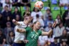 United States defender Becky Sauerbrunn, left, and Ireland forward Kyra Caruso (22) battle for a header during the first half of an international friendly soccer match in Austin, Texas, Saturday, April 8, 2023. (AP Photo/Eric Gay)