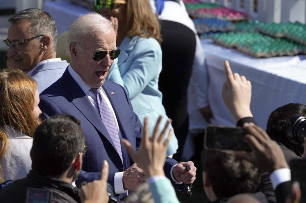 President Joe Biden greets guests at the 2023 White House Easter Egg Roll, Monday, April 10, 2023, in Washington. (AP Photo/Susan Walsh)