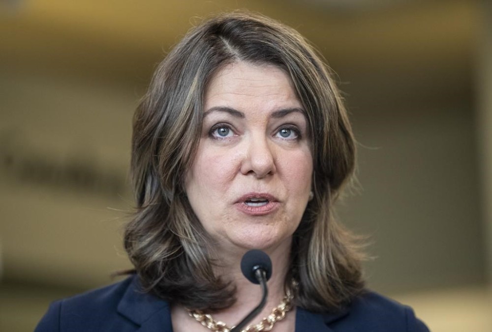 Alberta Premier Danielle Smith makes an announcement in Sherwood Park, Alta., on Tuesday, April 11, 2023. Smith won’t say what she is being investigated for by Alberta’s ethics commissioner. THE CANADIAN PRESS/Jason Franson