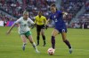 United States' Alex Morgan, right, and Ireland's Ruesha Littlejohn battle for the ball during the first half of an international friendly soccer match Tuesday, April 11, 2023, in St. Louis. (AP Photo/Jeff Roberson)
