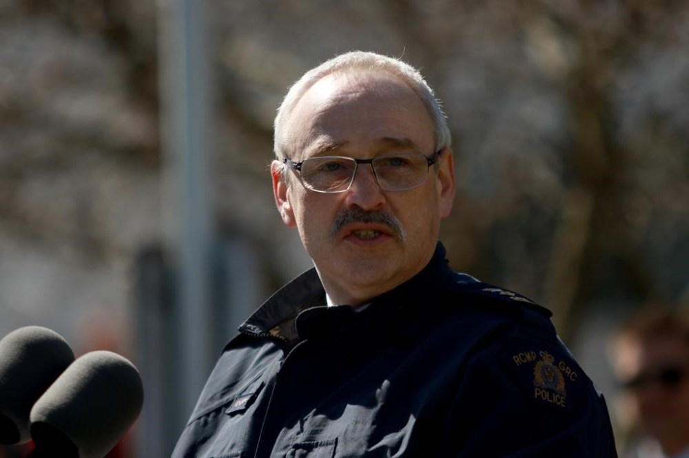 RCMP Supt. Ray Carfantan speaks about crime reduction during a press conference at the Provincial Court of British Columbia in Nanaimo, B.C., Wednesday, April 12, 2023. THE CANADIAN PRESS/Chad Hipolito