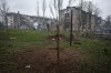 A cross on the grave of a local resident killed by Russian shelling, in the yard of an apartment building in war-hit Bakhmut, Donetsk region, Ukraine, Wednesday, April 12, 2023. (Iryna Rubakova via AP)