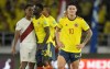 FILE - Colombia's James Rodriguez reacts at the end of the game against Peru during a qualifying soccer match for the FIFA World Cup Qatar 2022 at Roberto Melendez stadium in Barranquilla, Colombia, Friday, Jan. 28, 2022. James Rodríguez has been released by Olympiakos a day after the club was knocked out of the Greek Cup. The 31-year-old former Real Madrid and Bayern Munich player joined the Greek club last September and scored five goals this season. (AP Photo/Fernando Vergara, File)