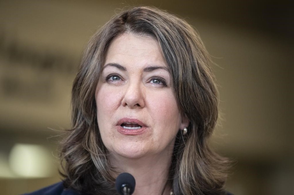 Alberta Premier Danielle Smith announces a public health guarantee in Sherwood Park, Alta., Tuesday, April 11, 2023. THE CANADIAN PRESS/Jason Franson