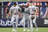 Minnesota Twins' Trevor Larnach (9), Nick Gordon (1) and Matt Wallner (38) celebrate the team's 11-2 win over the New York Yankees in a baseball game Thursday, April 13, 2023, in New York. (AP Photo/Adam Hunger)