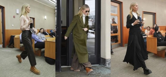 This combination of photos show actor Gwyneth Paltrow at the courthouse for her trial in Park City, Utah on three days in March. For the rich and those who aspire, logo-free fashion with outsized price tags is having a moment. Paltrow wore head-to-toe Prada, cashmere sweaters and Celine boots during her court case. (AP Photo)