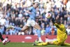Manchester City's Erling Haaland scores his side's third goal during the English Premier League soccer match between Manchester City and Leicester City at Etihad Stadium in Manchester, England, Saturday, April 15, 2023. (Nick Potts/PA via AP)