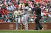 Pittsburgh Pirates' Ke'Bryan Hayes, center, reacts after hitting a home run during the first inning of a baseball game against the St. Louis Cardinals, Saturday, April 15, 2023, in St. Louis. (AP Photo/Jeff Le)