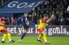 PSG's Kylian Mbappe, center, makes an attempt to score during the French League One soccer match between Paris Saint Germain and Lens at Parc des Princes stadium in Paris, France, Saturday, April 15, 2023. (AP Photo/Michel Euler)