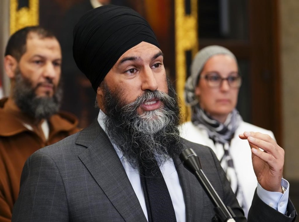 NDP Leader Jagmeet Singh speaks in the foyer prior to question period in the House of Commons on Parliament Hill in Ottawa on Monday, April 17, 2023. Singh says Pierre Poilievre's criticisms of the CBC amount to an attack on Canadian culture by the Conservative leader — and Quebec and francophone culture, in particular. THE CANADIAN PRESS/Sean Kilpatrick