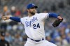 Kansas City Royals starting pitcher Jordan Lyles throws to a Texas Rangers batter during the first inning of a baseball game, Monday, April 17, 2023, in Kansas City, Mo. (AP Photo/Reed Hoffmann)