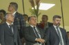 FC Barcelona club President Joan Laporta, center, looks out from the stand before a Spanish La Liga soccer match between Elche and Barcelona, at the Martinez Valero Stadium in Elche, Spain, Saturday, April 1, 2023. (AP Photo/Alberto Saiz)