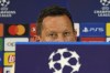 Benfica's head coach Roger Schmidt attends at a press conference at the San Siro stadium in Milan, Italy, Tuesday, April 18, 2023. Benfica plays Inter Milan in a Champions League quarterfinal second leg soccer match in Milan on Wednesday. (AP Photo/Antonio Calanni)