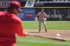 Philadelphia Phillies' Bryce Harper takes infield practice from infield coach Bobby Dickerson before game one of a baseball double header against the Chicago White Sox, Tuesday, April 18, 2023, in Chicago. (AP Photo/Charles Rex Arbogast)