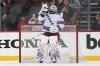 New York Rangers goaltender Igor Shesterkin points upward at the end of the third period of Game 1 of an NHL hockey Stanley Cup first-round playoff series against the New Jersey Devils in Newark, N.J., Tuesday, April 18, 2023. The Rangers defeated the Devils 5-1. (AP Photo/Seth Wenig)