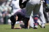 Cleveland Guardians first baseman Josh Naylor (22) rushes to starting pitcher Cal Quantrill after Quantrill was hit from a drive by Detroit Tigers' Kerry Carpenter during the sixth inning of a baseball game, Wednesday, April 19, 2023, in Detroit. (AP Photo/Carlos Osorio)