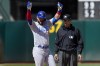 Chicago Cubs' Luis Torrens celebrates after hitting a three-run double against the Oakland Athletics during the ninth inning of a baseball game in Oakland, Calif., Wednesday, April 19, 2023. (AP Photo/Godofredo A. Vásquez)