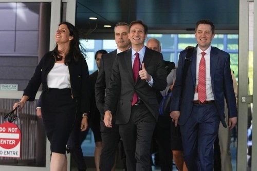 FILE - Davida Brook, left, Justin Nelson, center, and Stephen Shackelford, right, attorneys for Dominion Voting Systems, exit the New Castle County Courthouse in Wilmington, Del., after the defamation lawsuit by Dominion Voting Systems against Fox News was settled just as the jury trial was set to begin, Tuesday, April 18, 2023. (AP Photo/Julio Cortez, File)