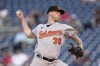 Baltimore Orioles starting pitcher Kyle Bradish throws to a Washington Nationals batter during the first inning of a baseball game at Nationals Park, Wednesday, April 19, 2023, in Washington. (AP Photo/Jess Rapfogel)