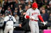 Los Angeles Angels' Shohei Ohtani reacts after striking out during the seventh inning of the team's baseball game against the New York Yankees on Wednesday, April 19, 2023, in New York. (AP Photo/Frank Franklin II)