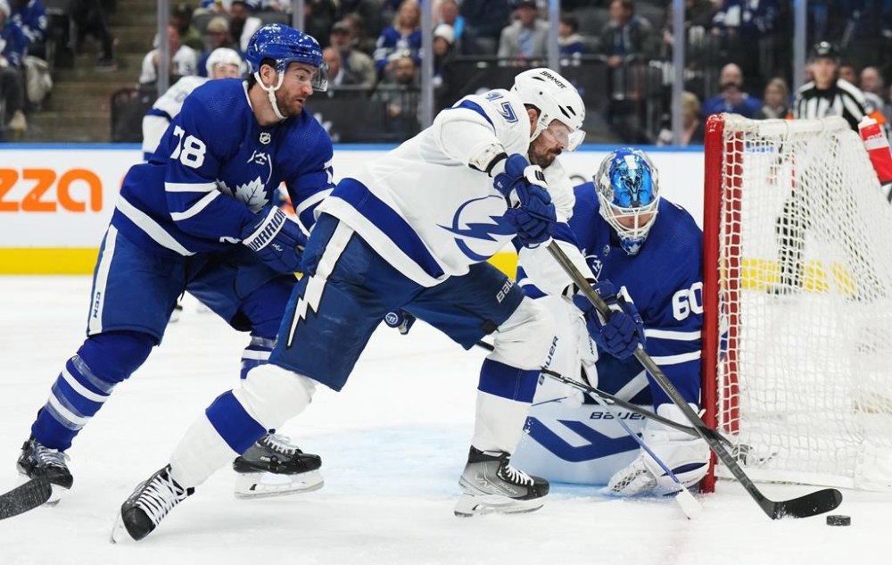 Toronto Maple Leafs goaltender Joseph Woll (60) stops Tampa Bay Lightning left wing Alex Killorn (17) as Maple Leafs defenceman TJ Brodie (78) defends during third period NHL Stanley Cup playoff hockey action in Toronto, on Tuesday, April 18, 2023. THE CANADIAN PRESS/Nathan Denette