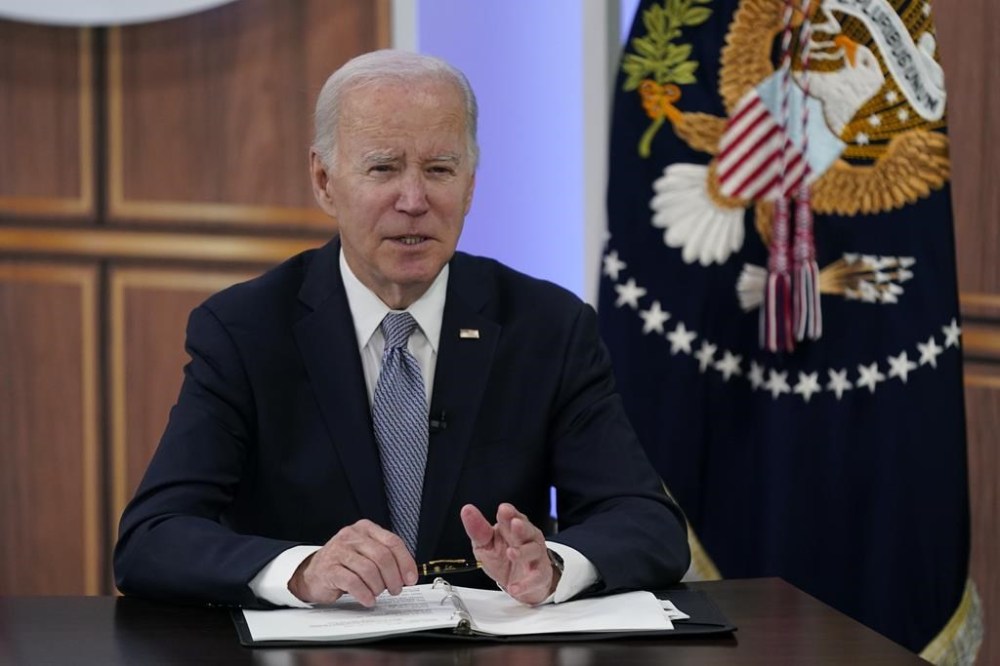 President Joe Biden speaks at the fourth virtual Major Economies Forum on energy and climate, Thursday, April 20, 2023, in the South Court Auditorium on the White House campus in Washington.(AP Photo/Patrick Semansky)