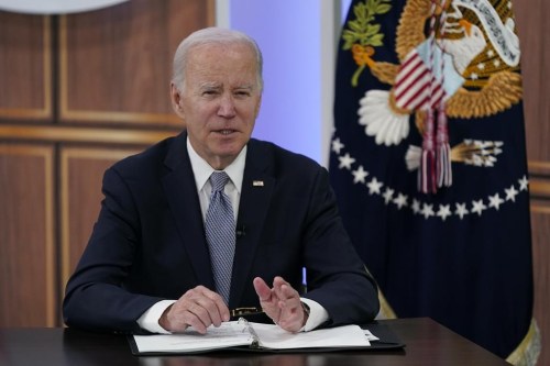 President Joe Biden speaks at the fourth virtual Major Economies Forum on energy and climate, Thursday, April 20, 2023, in the South Court Auditorium on the White House campus in Washington.(AP Photo/Patrick Semansky)
