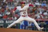 Los Angeles Angels starting pitcher Shohei Ohtani (17) throws during the first inning of a baseball game against the Kansas City Royals in Anaheim, Calif., Friday, April 21, 2023. (AP Photo/Ashley Landis)