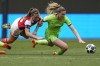 Wolfsburg's Jule Brand, right, challenges for the ball with Arsenal's Katie McCabe during the women's Champions League soccer semifinal first leg soccer match between VfL Wolfsburg and Arsenal WFC in Wolfsburg, Germany, Sunday, April 23, 2023. (AP Photo/Martin Meissner)