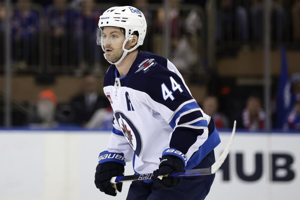 Winnipeg Jets defenseman Josh Morrissey skates against the New York Rangers in the first period of an NHL hockey game in New York, Monday, Feb. 20, 2023. For Morrissey's teammates, his injury in game 3 of the Western Conference first round series was a case of a bad thing happening to a good person -- and a void that will be hard to fill. THE CANADIAN PRESS/AP-Adam Hunger