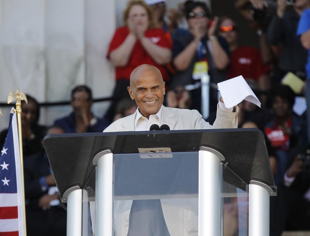 FILE - Singer and activist Harry Belafonte addresses the