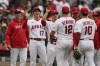 Los Angeles Angels celebrate a 3-2 win over the Washington Nationals in a baseball game Wednesday, April 12, 2023, in Anaheim, Calif. (AP Photo/Marcio Jose Sanchez)