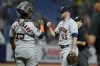 Houston Astros relief pitcher Ryan Pressly (55) celebrates with catcher Martin Maldonado after closing out the Tampa Bay Rays during the ninth inning of a baseball game Tuesday, April 25, 2023, in St. Petersburg, Fla. (AP Photo/Chris O'Meara)