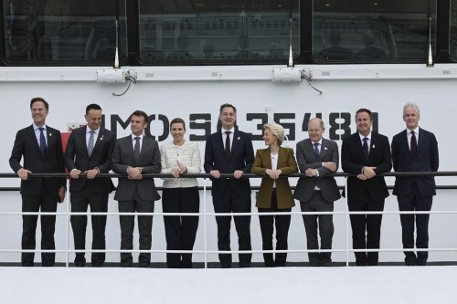 From left: Netherland's Prime Minister Mark Rutte, Ireland's Prime Minister Leo Varadkar, French President Emmanuel Macron, Denmark's Prime Minister Mette Frederiksen, Belgium's Prime Minister Alexander De Croo, European Commission President Ursula von der Leyen Germany's Chancellor Olaf Scholz, Luxembourg's Prime Minister Xavier Bettel and Norway's Prime Minister Jonas Gahr Store pose for a picture during the North Sea Summit in Ostend, Belgium, Monday, April 24, 2023. Leaders gather on Monday in the hopes of expanding a collective ambition to harness the full energy and industrial potential of the North Sea and make it the largest powerhouse of Europe by 2050. (AP Photo/Geert Vanden Wijngaert)