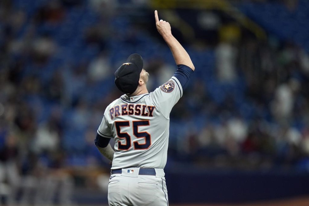 Houston Astros relief pitcher Ryan Pressly reacts after closing out the Tampa Bay Rays during the ninth inning of a baseball game Wednesday, April 26, 2023, in St. Petersburg, Fla. (AP Photo/Chris O'Meara)