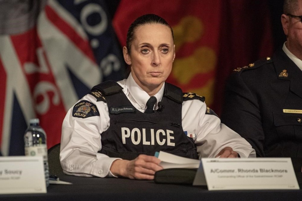 Assistant Commissioner Rhonda Blackmore, Commanding Officer of the Saskatchewan RCMP, speaks as the Saskatchewan RCMP Major Crimes to provide a preliminary timeline presentation of the James Smith Cree Nation and Weldon mass casualty homicides which occurred on September 4, 2022, during a media event in Melfort, Sask., Thursday, April 27, 2023. THE CANADIAN PRESS/Liam Richards