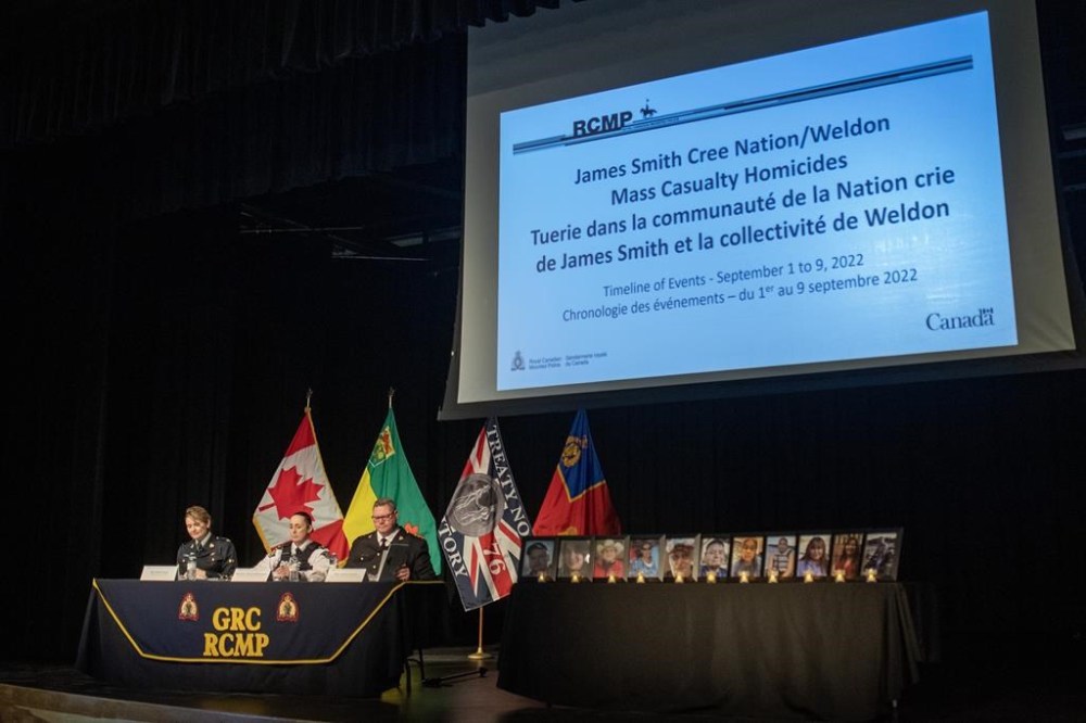 RCMP Sgt. Audrey Soucy, left to right, Assistant Commissioner Rhonda Blackmore, commanding officer of the Saskatchewan RCMP, and Supt. Joshua Graham, officer in charge of the Saskatchewan RCMP major crimes, provide a preliminary timeline presentation of stabbing rampage at the James Smith Cree Nation and nearby village of Weldon, Sask., during a media event in Melfort, Sask., on Thursday, April 27, 2023. THE CANADIAN PRESS/Liam Richards
