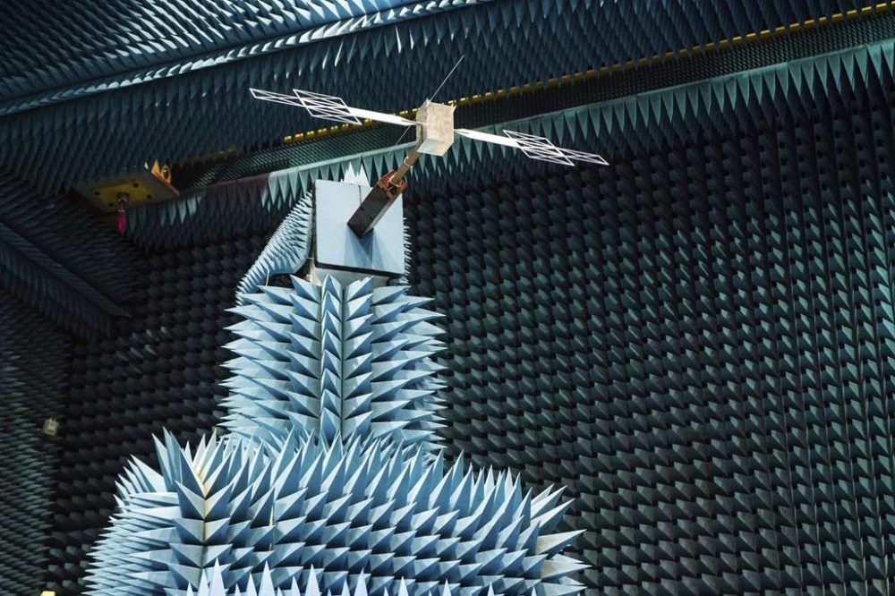 In this undated photo provided by the European Space Agency, a 1:18 scale model of the Juice mission's RIME antenna – Radar for Icy Moons Exploration, mounted on top of a simplified spacecraft model during tests in the Hertz facility at the European Space Research and Technology Centre (ESTEC) in Noordwijk, The Netherlands. The European Space Agency said Friday, April 28, 2023, that the 52-foot radar antenna on its Juice spacecraft unfolded only one-third of the way following liftoff. (European Space Agency via AP)