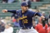 FILE - Milwaukee Brewers' Javy Guerra throws during the third inning of a spring training baseball game against the Los Angeles Angels Wednesday, March 1, 2023, in Tempe, Ariz. The Tampa Bay Rays acquired right-handed reliever Javy Guerra from the Brewers on Saturday, April 29, 2023, for cash or a player to be named later. (AP Photo/Morry Gash, File)