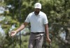 Tony Finau, of the United States, reacts to missing a birdie on the second green during the Mexico Open golf tournament's third round in Puerto Vallarta, Mexico, Saturday, April 29, 2023. (AP Photo/Moises Castillo)