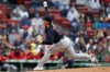 Cleveland Guardians' Zach Plesac pitches against the Boston Red Sox during the first inning of a baseball game, Saturday, April 29, 2023, in Boston. (AP Photo/Michael Dwyer)