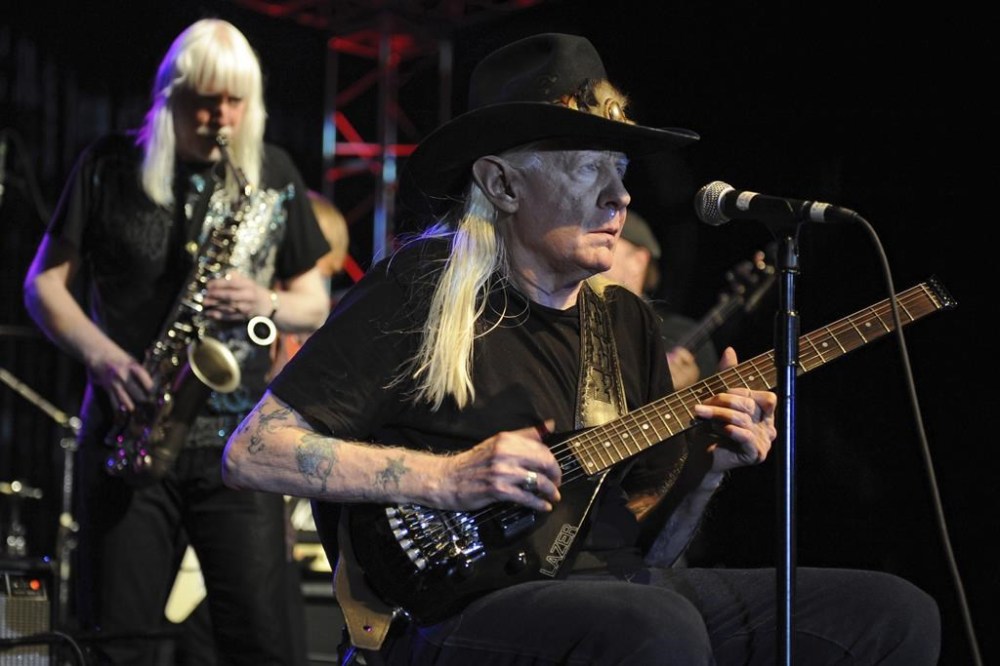 FILE — Johnny Winter, right, and Edgar Winter perform during Hippiefest at Seminole Coconut Creek Casino, in Coconut Creek, Fla., Aug. 26, 2012. Nearly nine years after Johnny Winter's death, a battle for control of the legendary blues guitarist's music is being fought in a Connecticut court with nasty allegations of theft and greed flying. (Photo by Jeff Daly/Invision/AP, File)