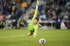 FC Dallas goalkeeper Maarten Paes dives for a missed shot by Minnesota United during the second half of an MLS soccer match in St. Paul, Minn., Sunday, April 30, 2023. (AP Photo/Abbie Parr)