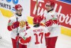 Russia's Nikita Chibrikov (19), Matvey Michkov (17) and Semyon Demidov (16) celebrate a goal against Canada during second period IIHF World Junior Hockey Championship exhibition action in Edmonton, Thursday, Dec. 23, 2021. The Jets have signed Chibrikov to a three-year, entry-level contract worth US$925,000 a year at the NHL level. THE CANADIAN PRESS/Jason Franson