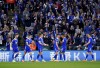 Leicester City's Caglar Soyuncu, third left, celebrates scoring with teammates during the English Premier League soccer match between Leicester City and Everton at the King Power Stadium, Leicester, England, Monday May 1, 2023. (Mike Egerton/PA via AP)
